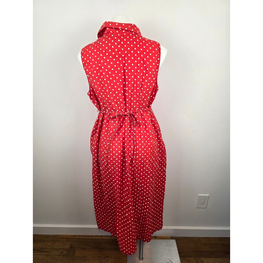 April Cornell Red Polka Dot Cotton Midi Dress XL Sleeveless Lace Trim Pockets - Picture 2 of 9